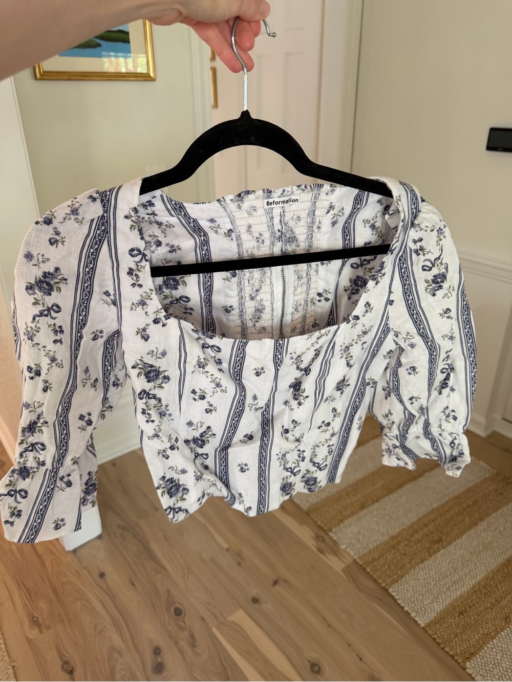 Reformation White Top with Blue Floral Stripe Square Neck